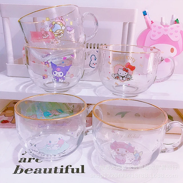 Kawaii Cartoon Melody Kuromi Cinnamoroll Kitty Glass Cup with Lid and Straw  Milk Juice Cup Children's Water Cup