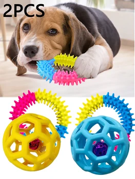 2 Pet Dog Bite-Resistant Bell Ball & Tri-Color Molar Ring Soft Rubber Toys