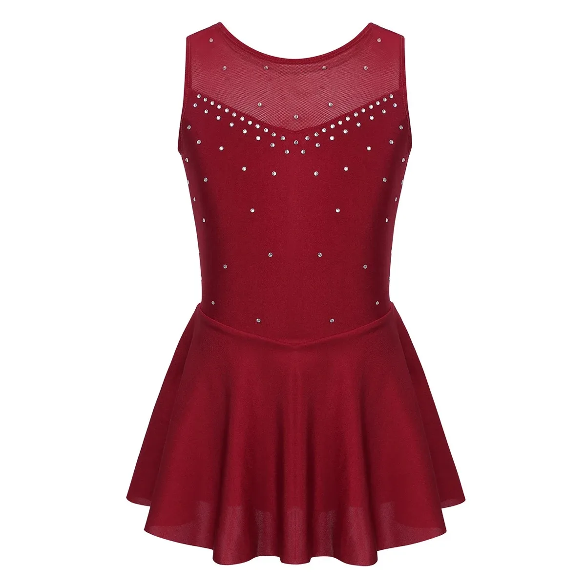 Ballet Leotard Girls Figure Ice Skating Dress Long Sleeves Mock Neck Tulle Splice Cutouts Back Ballet Dance