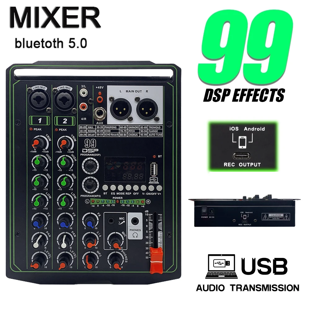 

99 DSP Effects Audio Mixer 4 Channel Portable DJ Sound Mixing Console USB Interface Computer Recording 48V Phantom Power Monitor