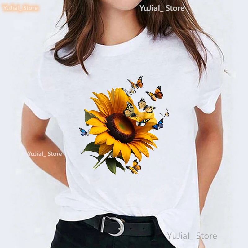 Neue Ankunft Schmetterling Blumen Gedruckt T Shirt Mädchen Sommer Mode Kurzarm T-Shirt Weibliche Weiß Casual T-shirt Femme – Detail 6