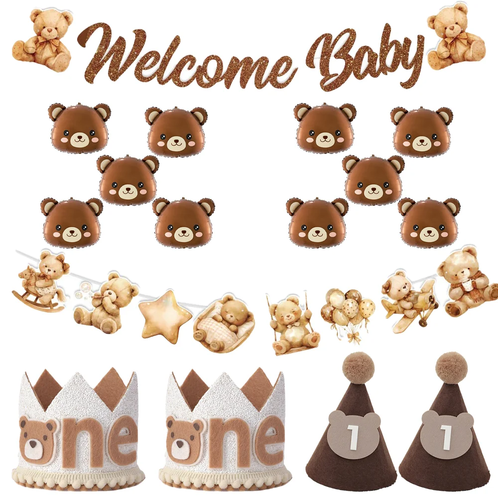 Braunbär-Luftballons, Braunbär-Mütze, Willkommens-Babyparty-Dekorationen, Willkommens-Banner für Bobby, Girlande, Hängende Spiraldekorationen