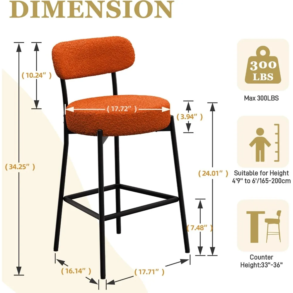 Bar Stools Set of 4,24 Inches Modern Counter Height Bar Stools with Curved Back Metal Legs, Orange Upholstered Boucle Barstools 2