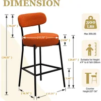 Bar Stools Set of 4,24 Inches Modern Counter Height Bar Stools with Curved Back Metal Legs, Orange Upholstered Boucle Barstools 2