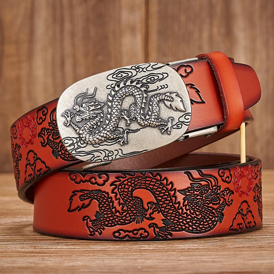 Male Genuine Leather Belts Casual Ratchet Belt with Automatic Buckle Luxury Design Dragon Pattern Belts for Business Men Strap