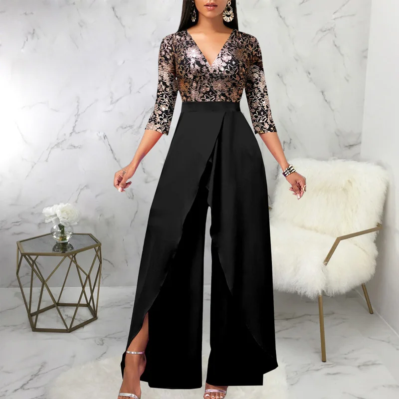 

Elegant Patchwork High Waist Long Romper Female V Neck Long Sleeve Wide Leg Pants Jumpsuit Fashion Office Split Overall Bodysuit