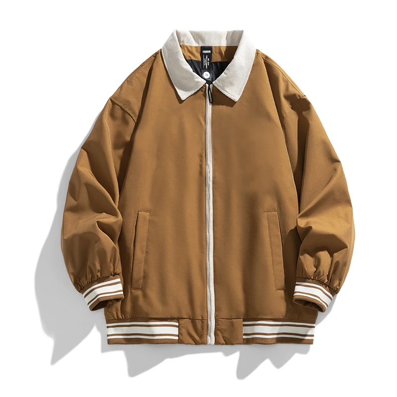 Men's Spring Autumn Solid Turn-down Collar Zipper Pockets Screw Thread Lantern Long Sleeve Cardigan Jacket Coats Casual Tops