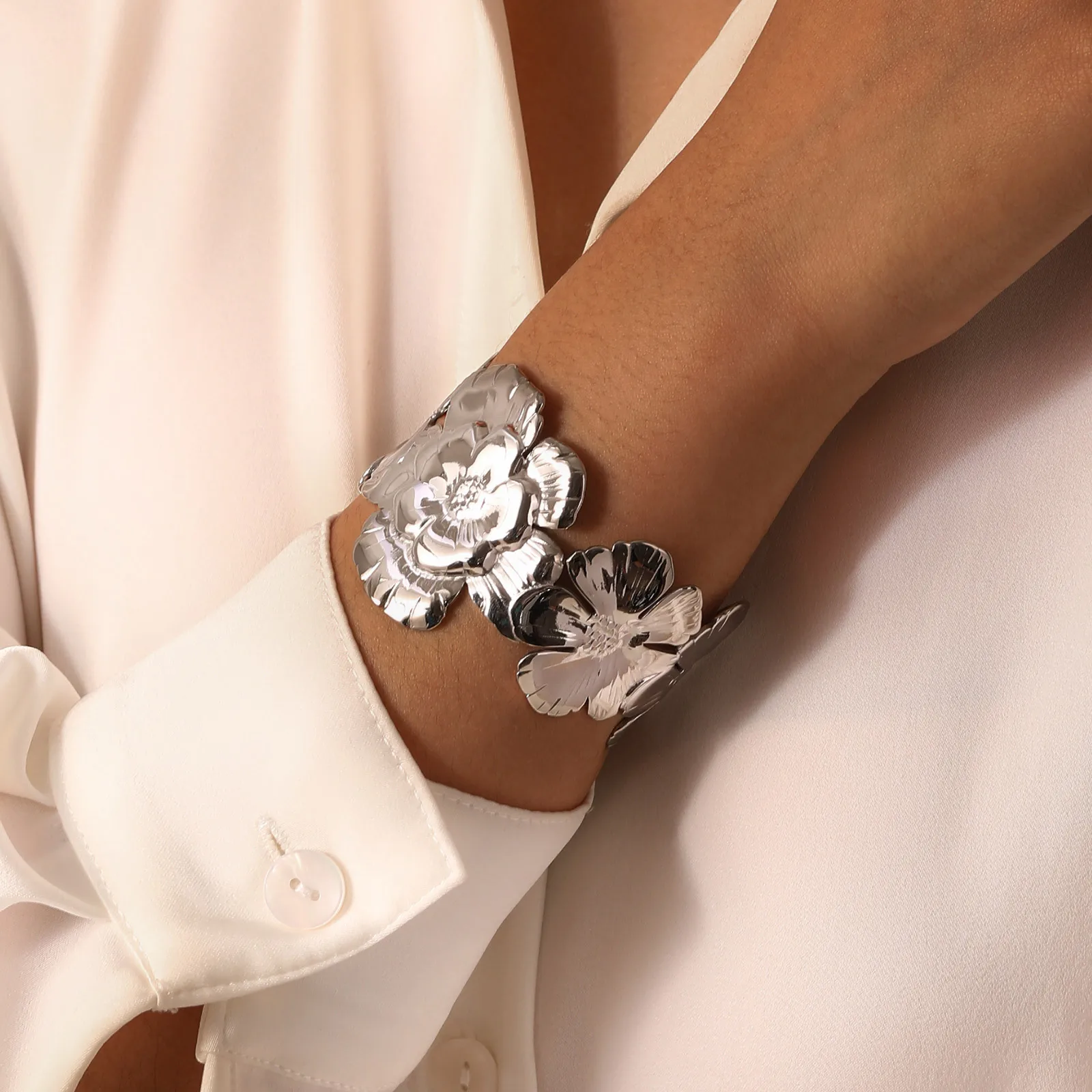 Stainless Steel Flower Floral Cuff Bangle Bracelet, Chunky Gold