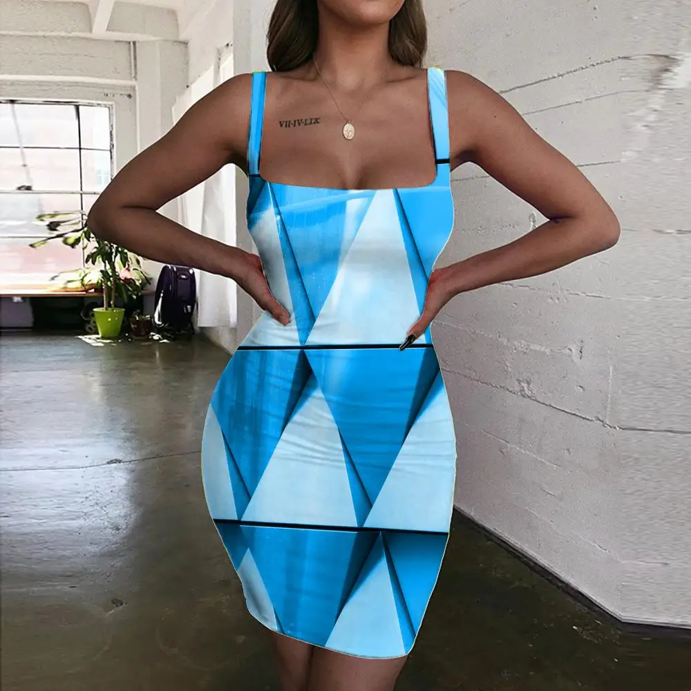 Kyku Three Dimensional Dress Women Geometric Patterns Sundress Blue