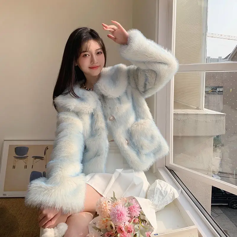 Faux Fox Fur Coat for Women, Gradient Color, Warm Outwear, Temperament, Leisure Short Outcoat, Fashion, New, Winter, 2024