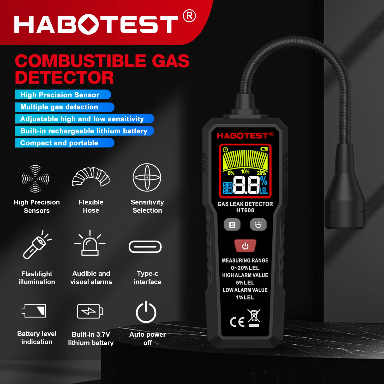 Gas Leak Detector Gas Detector HABOTEST HT608 Natural Gas Leak Detector Sound & Screen Alarm Combustible Flammable Methane Gas Leak Detector Location Determine