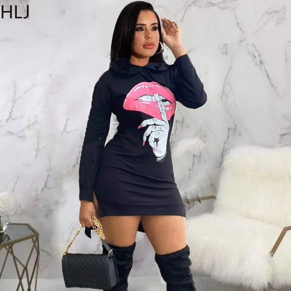 

HLJ Autumn Winter Women Dresses Black Fashion Lips Print Long Sleeve Hooded Casual Dresses Pullover Sweatshirts Dress