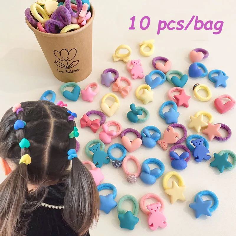 10PCS/Set Cute Cartoon Heart Bow Small Elastic Hair Bands For Girls Ponytail Hold Lovely Rubber Band Kids Hair Accessories japanese and korean cartoon cartoon series hand ledger gift box set students lovely girls heart bronzing technology notebook set