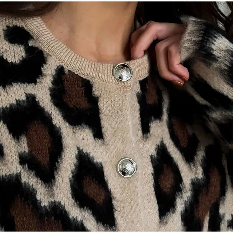 Vintage Knitted Leopard Cardigan Women Casual Slim Single Breasted O-Neck Sweaters Female Chic Versatile Basic Street Knitwear
