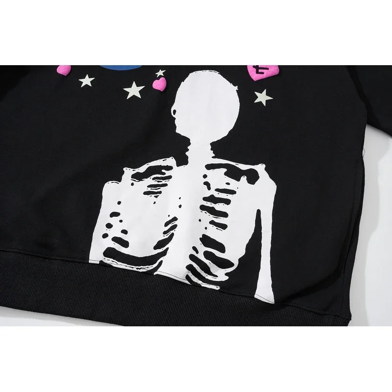 Tideshec Harajuku Earth skull print Loose Hoodie Hooded Sunscreen Jacket 2024 Black Retro Streetwear Men\'s Fashion Tops