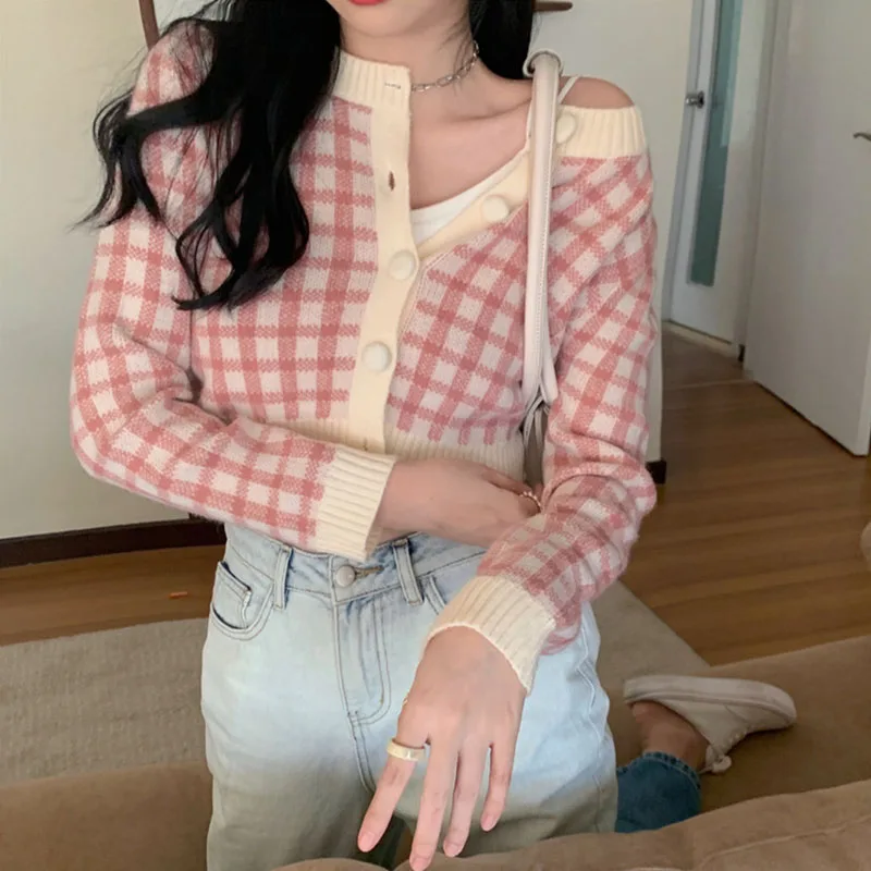 

Женский короткий тонкий кардиган в клетку, осенне-зимний Кардиган в Корейском стиле, 2023
