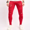 Fashion Skinny Mens Jeans Solid Color Slim Elastic Streetwear Hip Hop Ripped Casual Trousers Hole Washed Personality Denim Pants