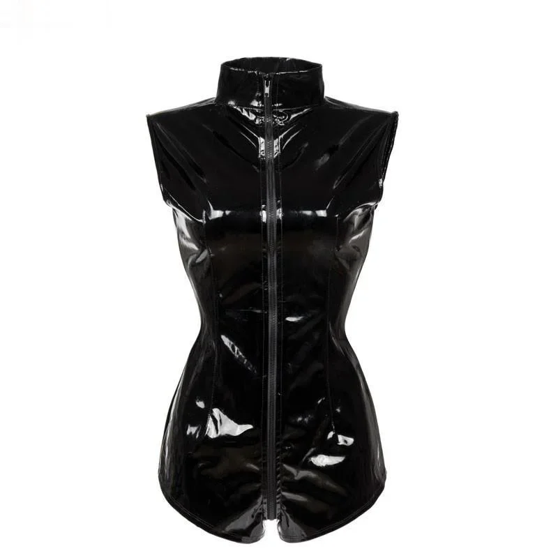 

Women Black PVC Leather Bodysuits Shiny Bodycon Club Party Jumpsuit Zipper Open Crotch PVC Erotic Leotard Costumes