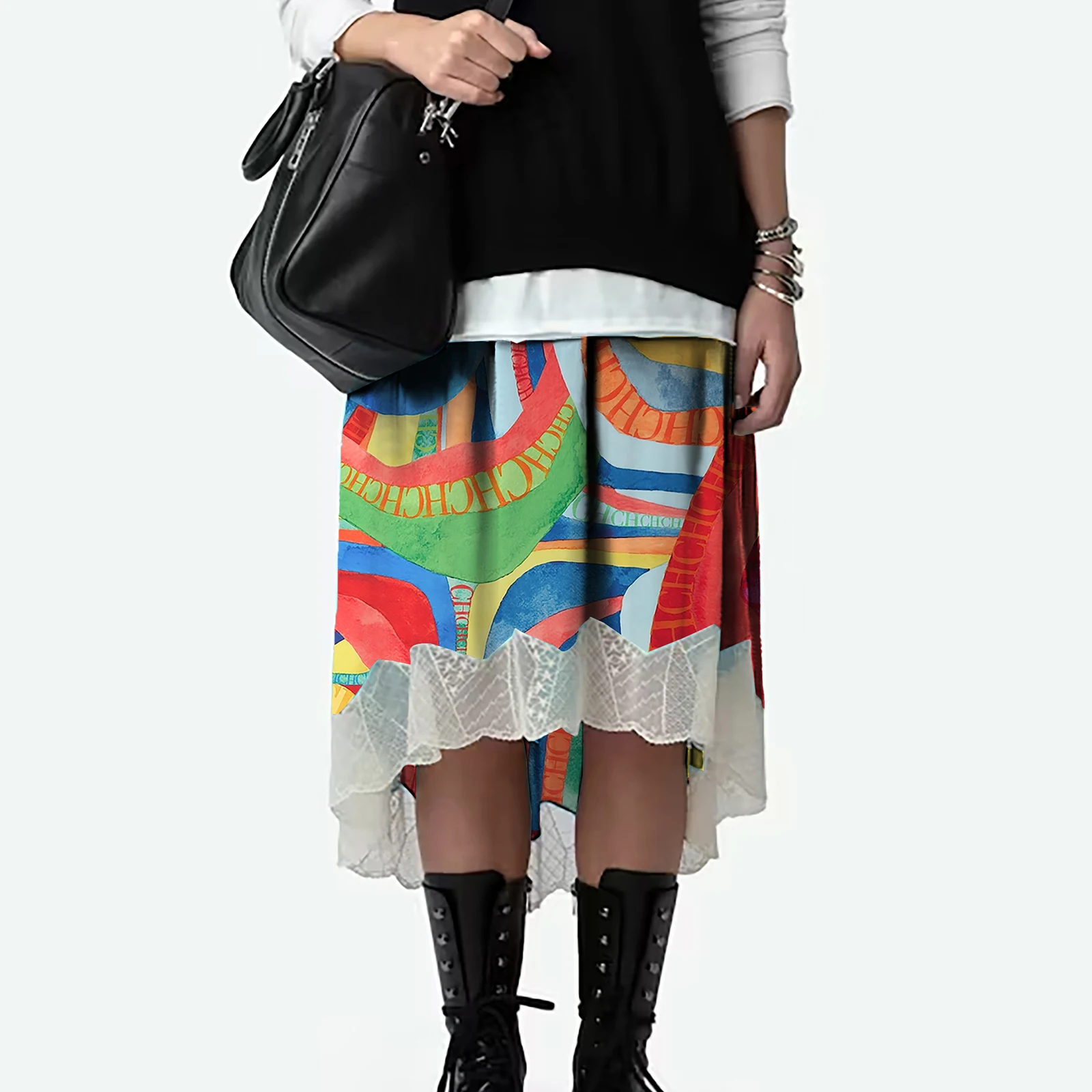 2024 Women\'s Skirts Fasion Patchwork Lace Skirt Hem Multicolor Irregular Skirts Casual Streetwear Fold Female Skirts