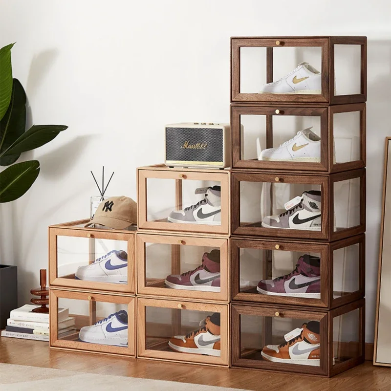 Solid Wood Shoe Box Shoes Transparent Storage No-install Cabinet Acrylic Shoe Wall Display Case Organizer and Storage