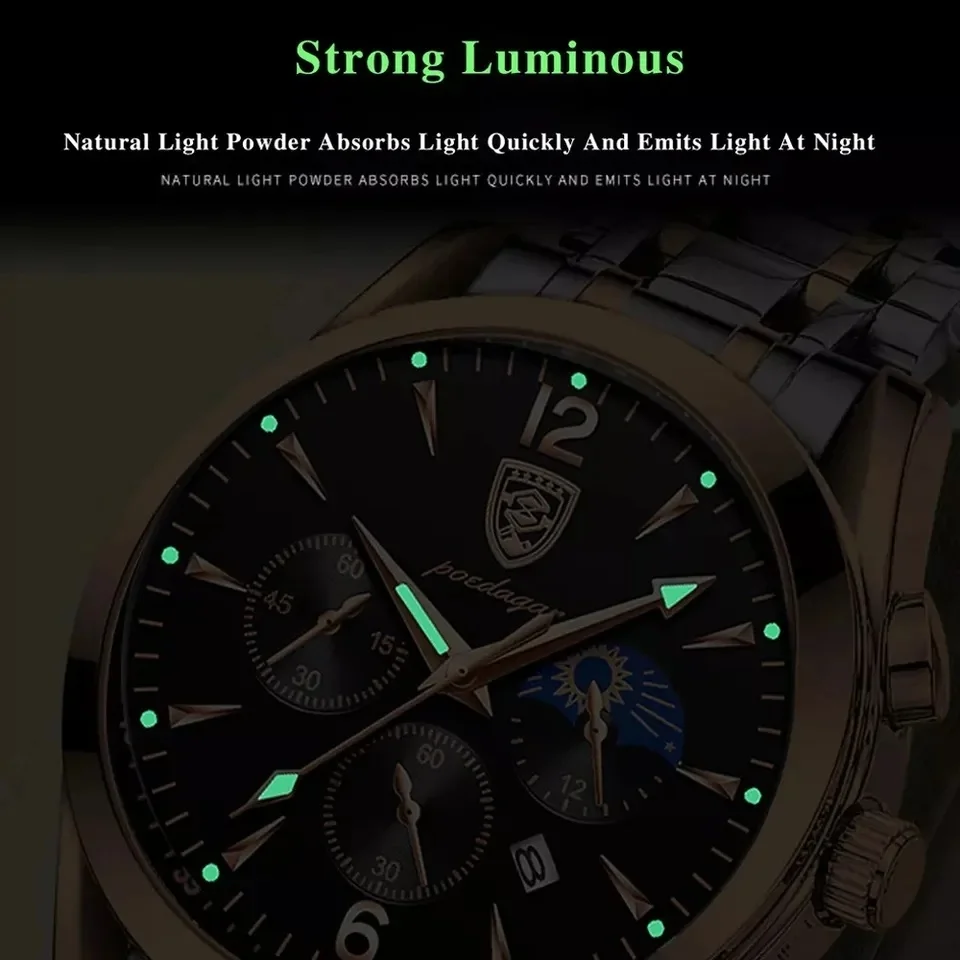 POEDAGAR Watches For Men's New Six Pin Fashion Stainless Steel Date Waterproof Luminous Top Luxury Quartz Men's Watches