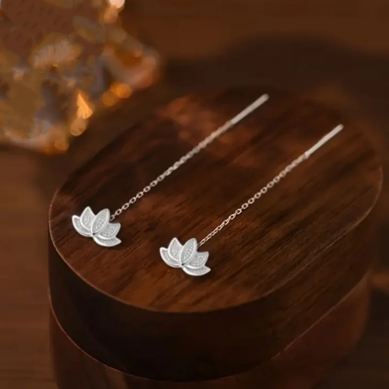 Silver Color Lotus Flower Long Tassel Earring for Women Elegant Minimalist Earings Perfect for Daily Wear Jewelry Gifts