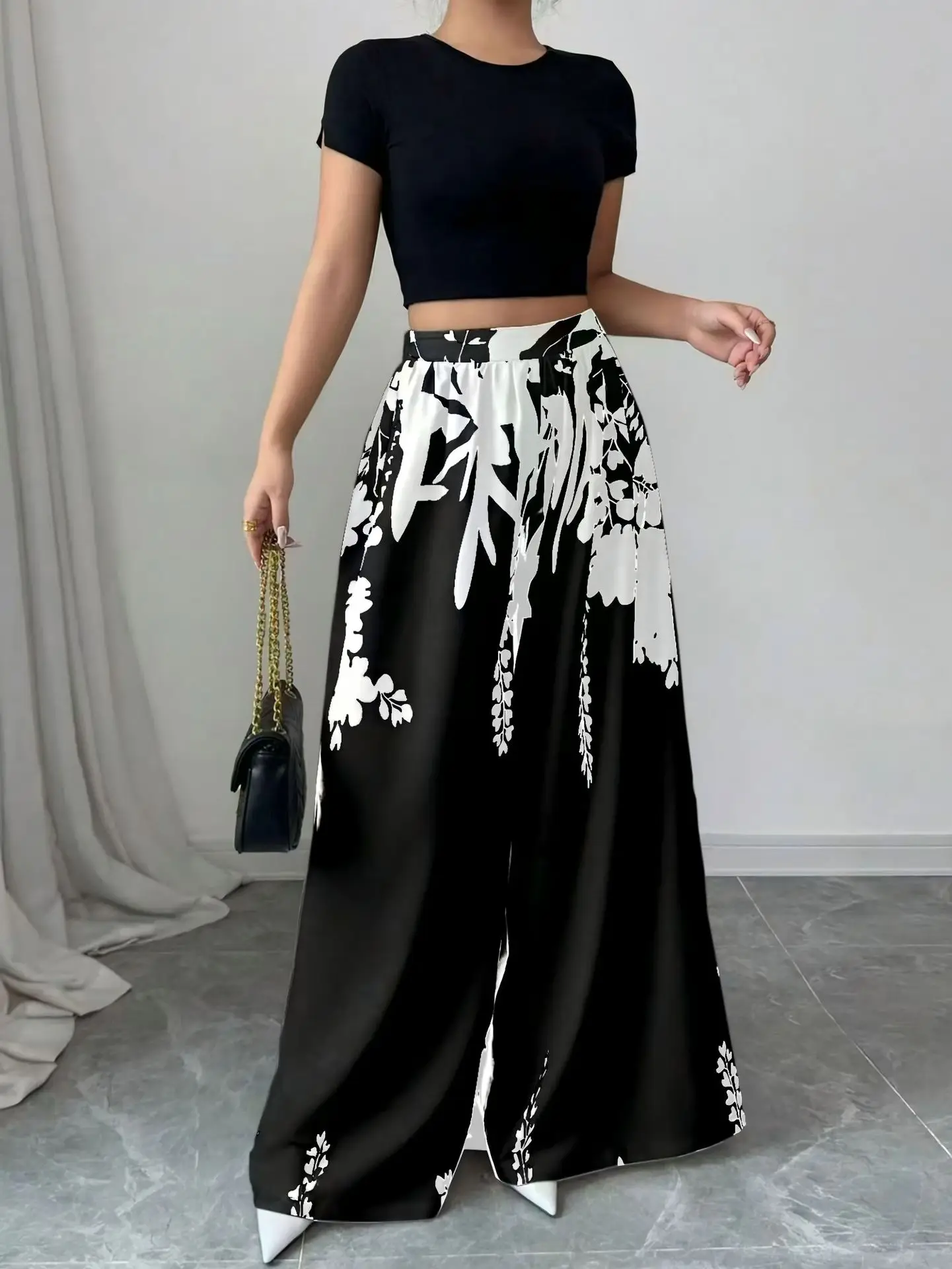Women's Tropical Print Wide-Leg Pants, Elastic Waist Design, Slim Fit for Casual Vacation Wear 5