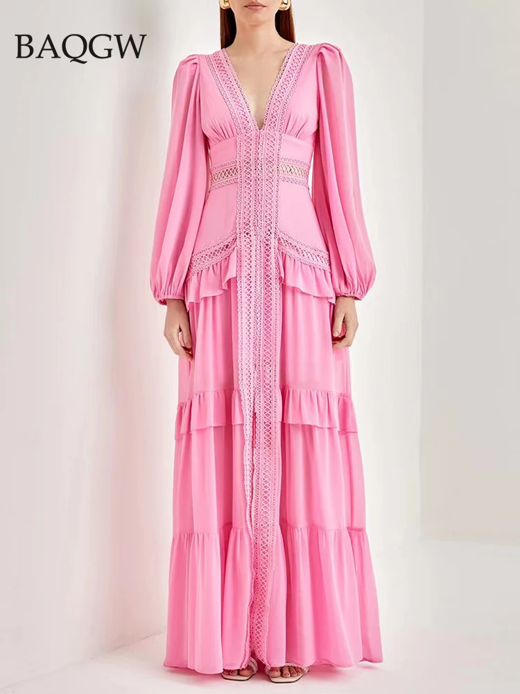 

Solid Hollow Out Beachwear Dresses for Women Deep V Neck Long Sleeve High Waist Patchwork Ruffles Sexy Split Elegant Dress