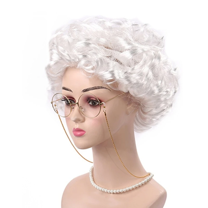 Grannys Glasses Chain Necklace Old Lady Wigs Costume Set Grannys Wigs