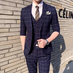 2024 Boutique (Blazer+ Vest + Pants) Men's Fashion British Style Work Host Plaid Casual Short-sleeved Elegant Gentleman's Suit