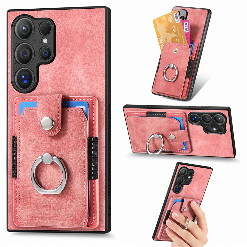 Luxury Leather Magnetic Wallet Case with Ring Stand and Card Slots