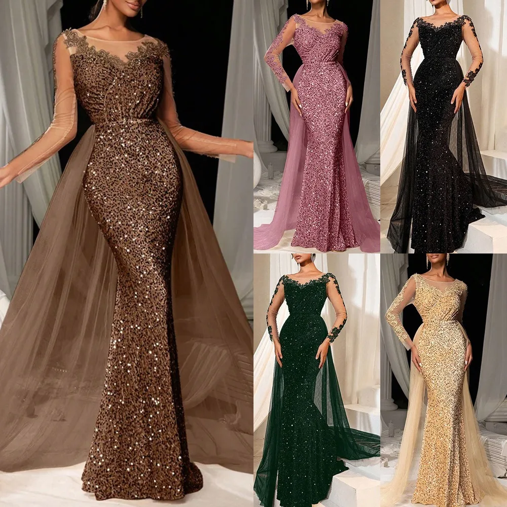 Robe de bal élégante en dentelle, manches longues, avec décolleté en v profond, longueur au sol, pour fête de Gala et mariage, nouvelle collection 2025 ​