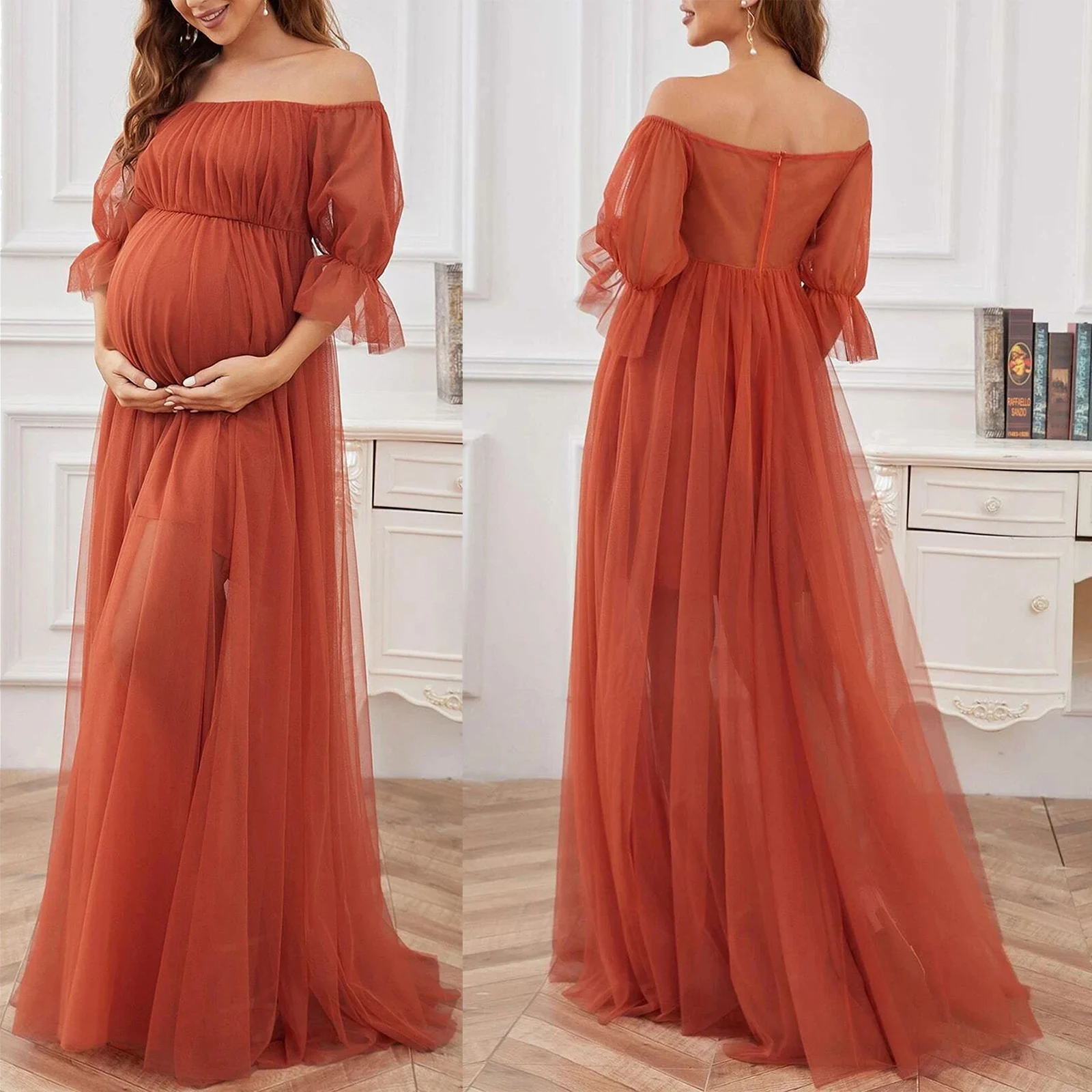 Pregnant Woman Elegant Maxi Party Dress Off-Shoulder Short Sleeve Tulle Formal Gown Wedding Birthday Evening Photography Costume