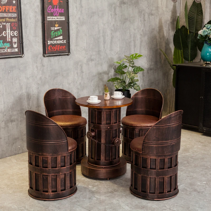 Customized Wrought Iron Old Round Stool Chair Retro Industrial Style Bar Table and Chair Oil Drum Table and Chair Combination