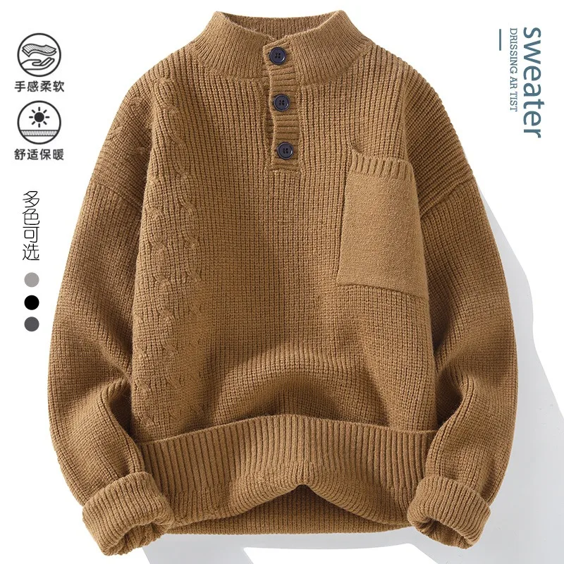 Trendy Solid Color Men Knitted Sweaters Half High Collar Button Pullover Tops Autumn Winter Versatile Knitwear Men Clothing 5
