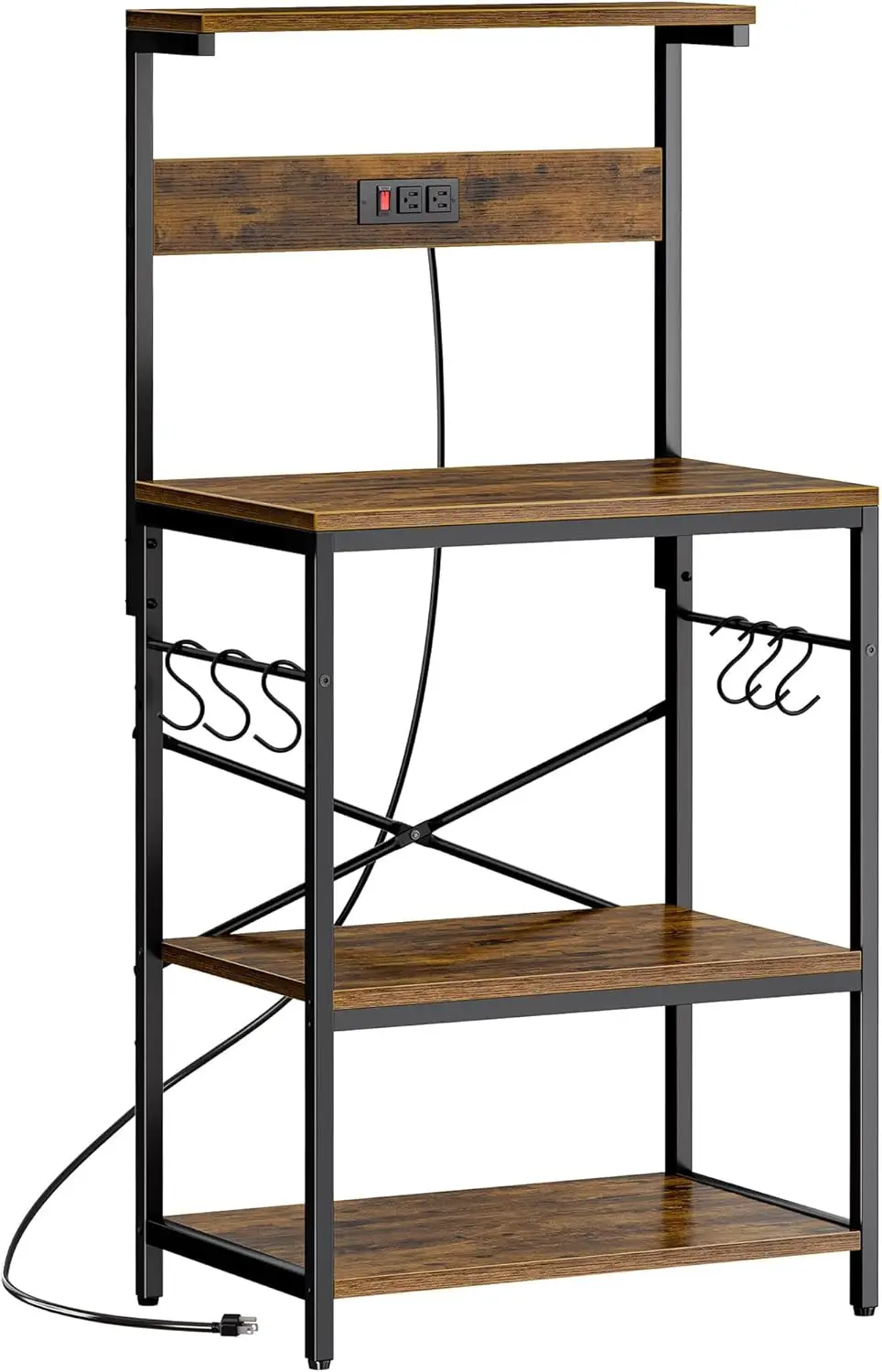 Kitchen Bakers Rack with Power Outlet, Coffee Bar Table 4 Tiers, Kitchen Microwave Stand with 6 S-shaped Hooks 2
