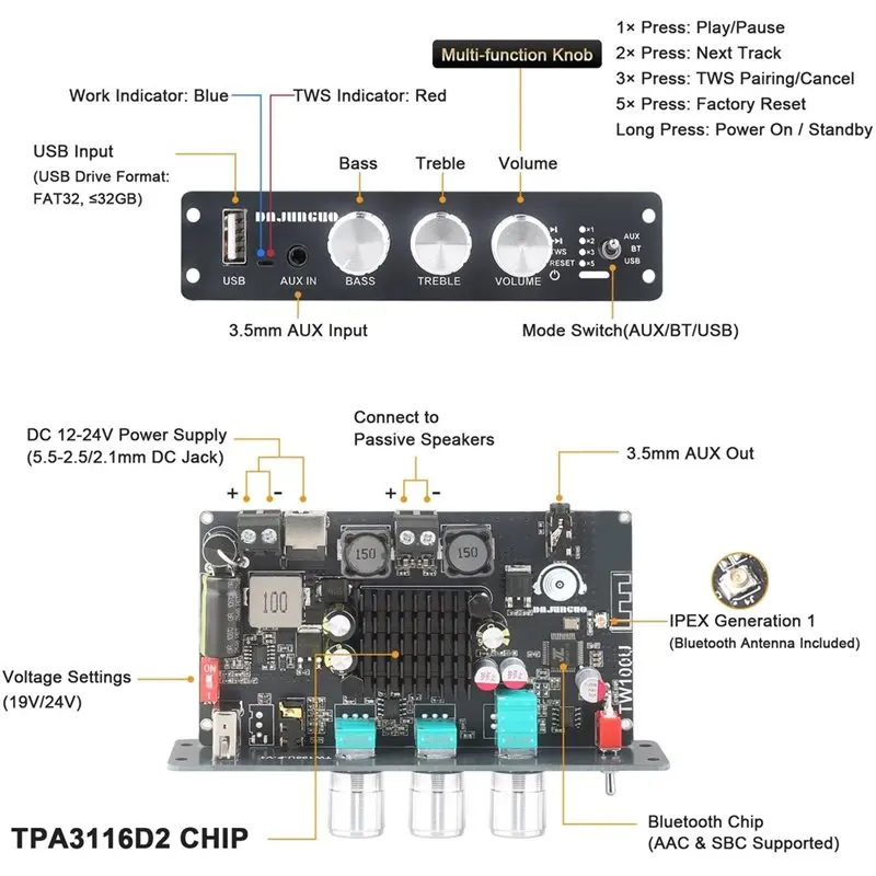 FULL-TW100U 100W 모노 앰프 보드, TPA3116D2 디지털 파워 앰프 모듈, TWS-무선 페어링, 블루투스 5.3, AUX 지원