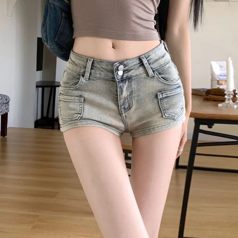 

Korean Style Hottie Low Rise Denim Shorts Summer Women's Feel Club Made Old Pocket Cotton Spring Straight Round Hip Denim Shorts