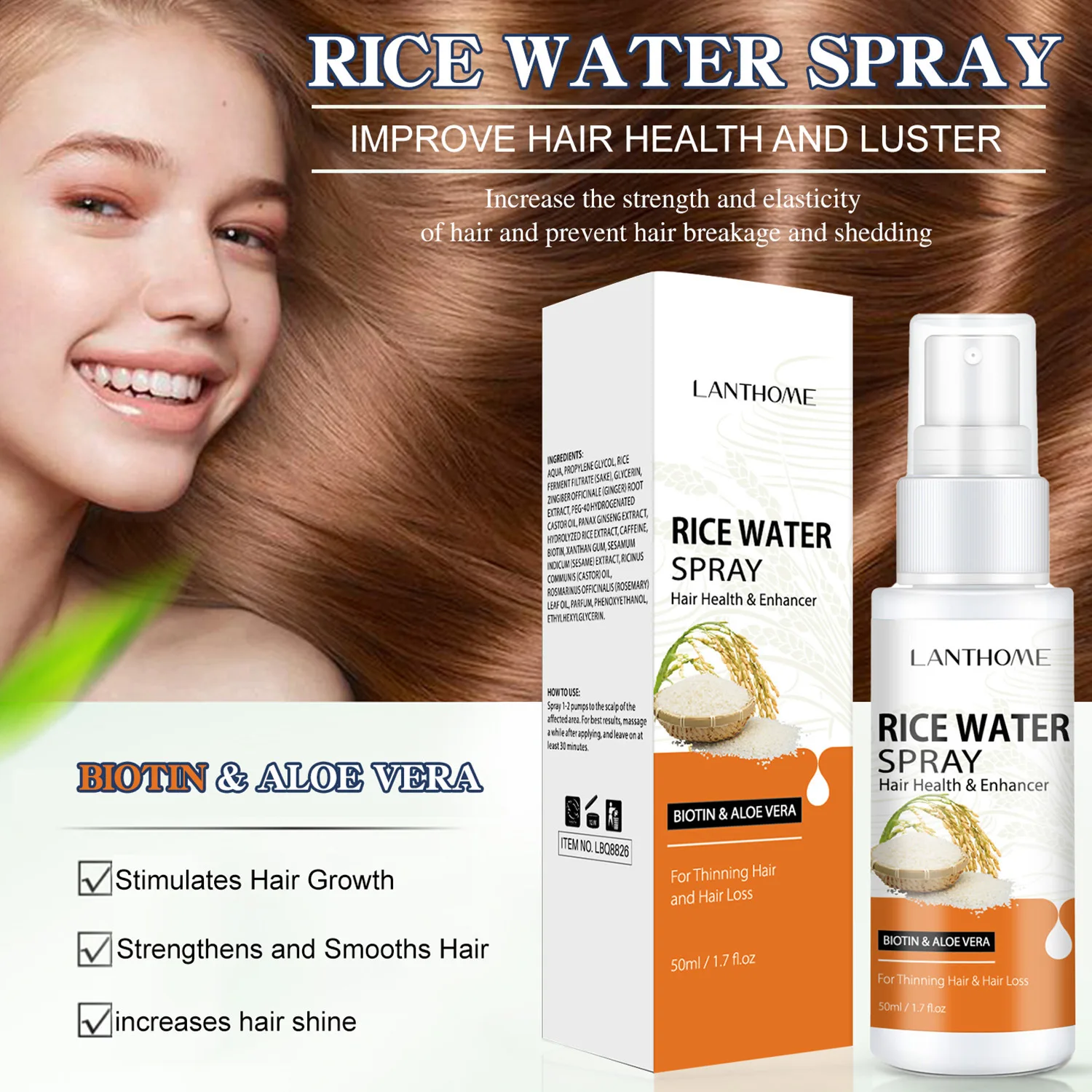 50ML Rice Water Spray Increases Hair Strength and Elasticity Balances Scalp Oil and Shine to Repair Damaged Hair