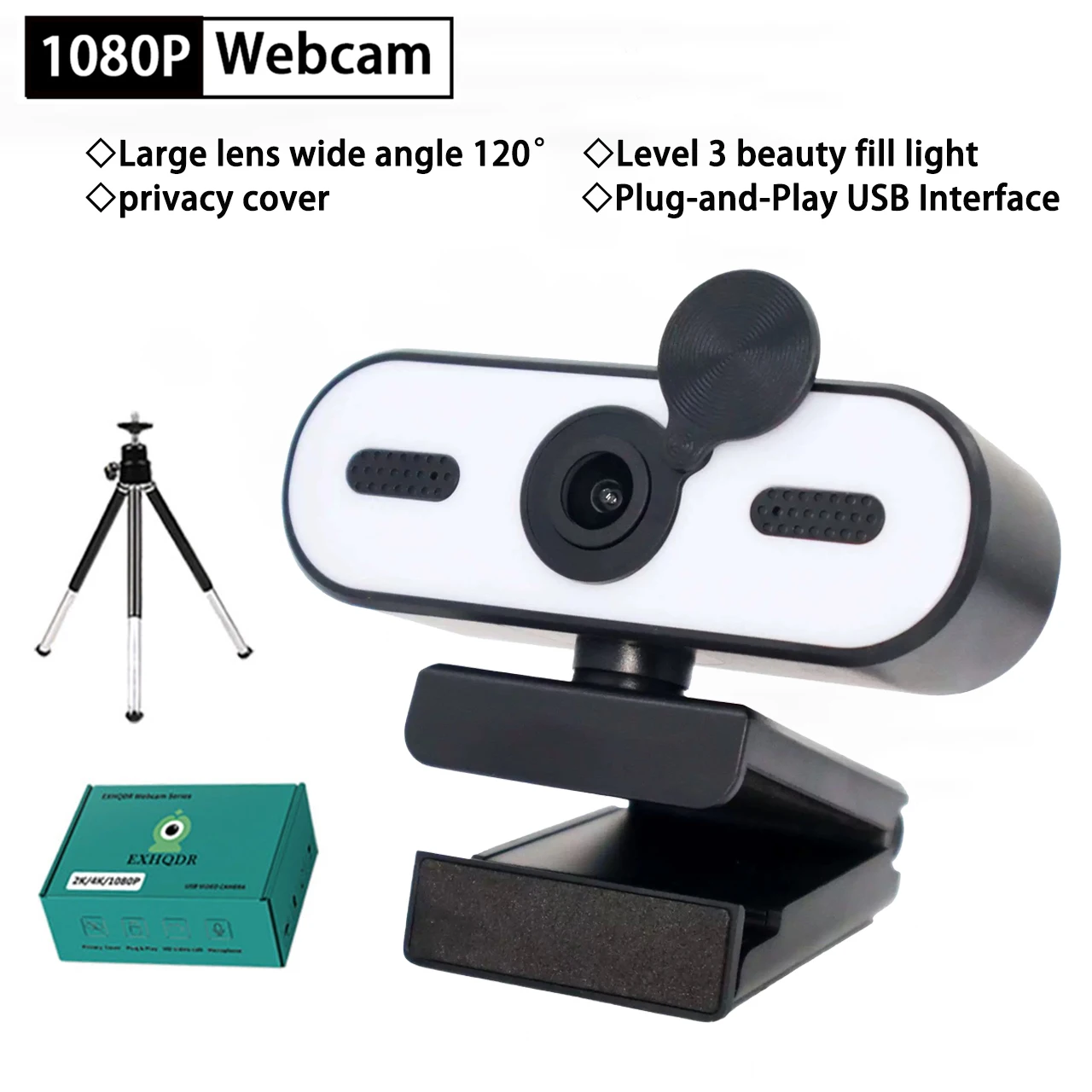 Otomatik Odaklamalı 4K UHD Web Kamerası, 3 Seviyeli Halka Işık, Gizlilik Kapağı, 360 °   Yayın ve Görüntülü Aramalar için Döndürme, Tripod, Tak ve Çalıştır