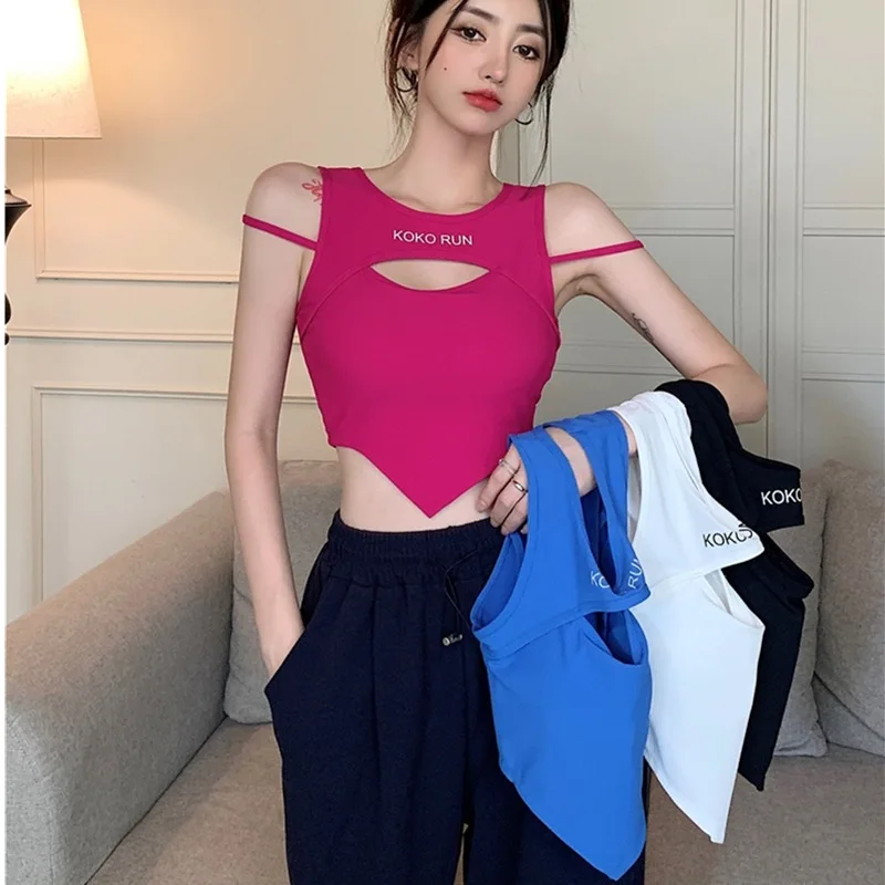 

Women Sleeveless Crop Tops Spaghetti Strap Hollow Out Sexy Y2k Tanks Female In Bras Skinny Sports Vest Spicy Girls Streetwear