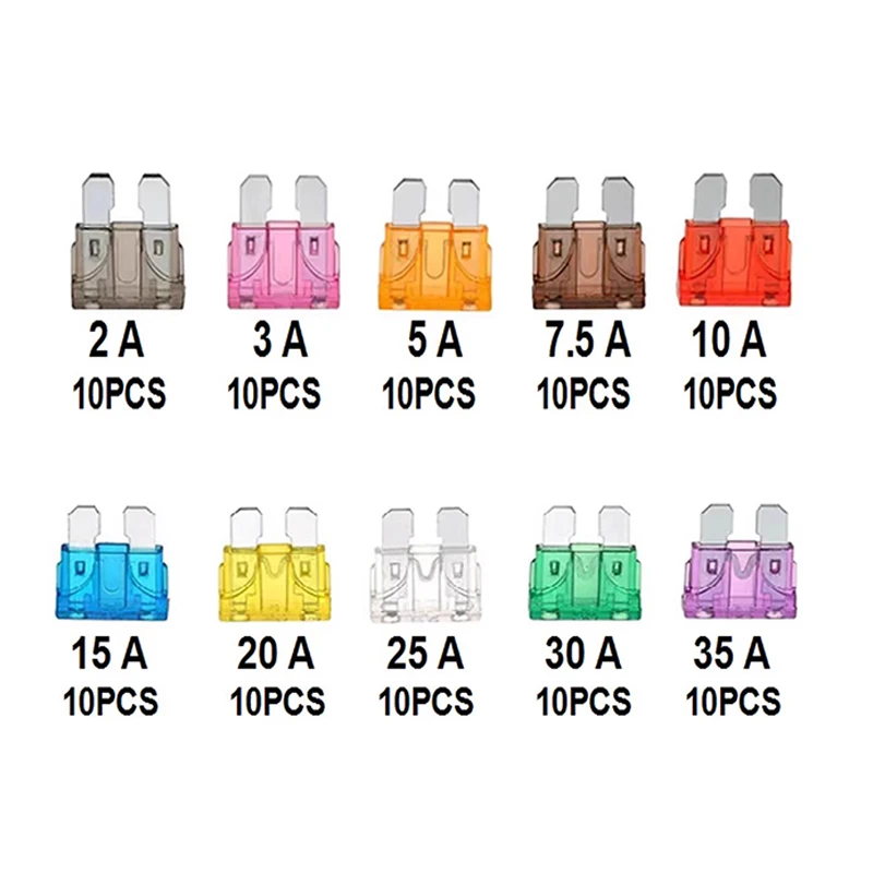 Automotive Fuse Set 100 Pcs 10 Specifications 2A 3A 5A 7.5A 10A 15A 20A 25A 30A 35A Car Fuse Set Lgniter Headlight Insure Insert