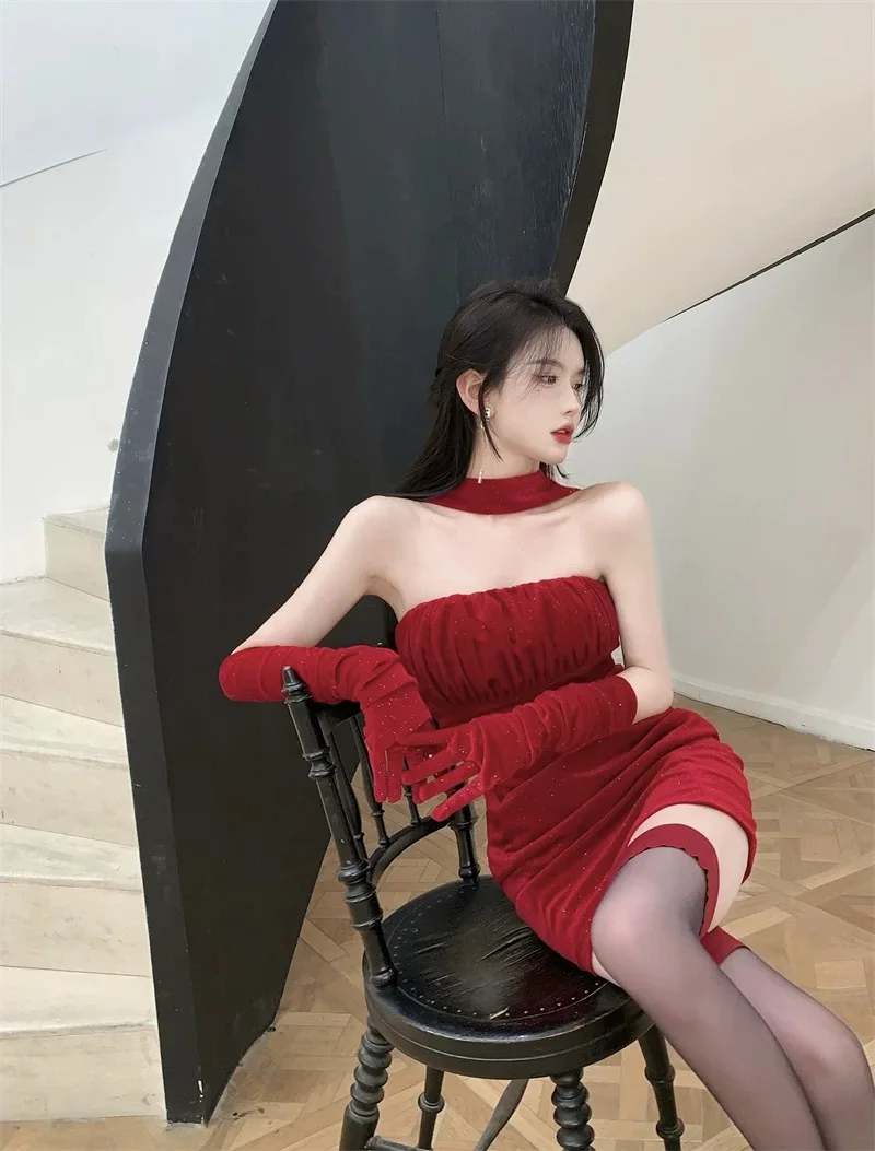 Sexy Bodycon Velvet Mini Dresses for Women Strapless Slim Waist Birthday Party Evening Dress Korean Fashion One Piece Vestidos