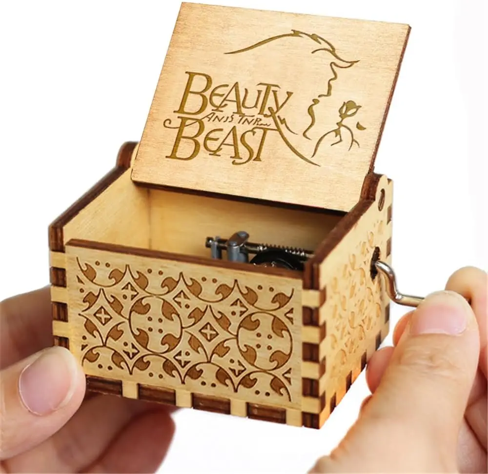 Wooden Music Box Beauty and Beast Hand Cranked Home Decoration Carved Musical Box Valentine's Day Birthday Gif 2