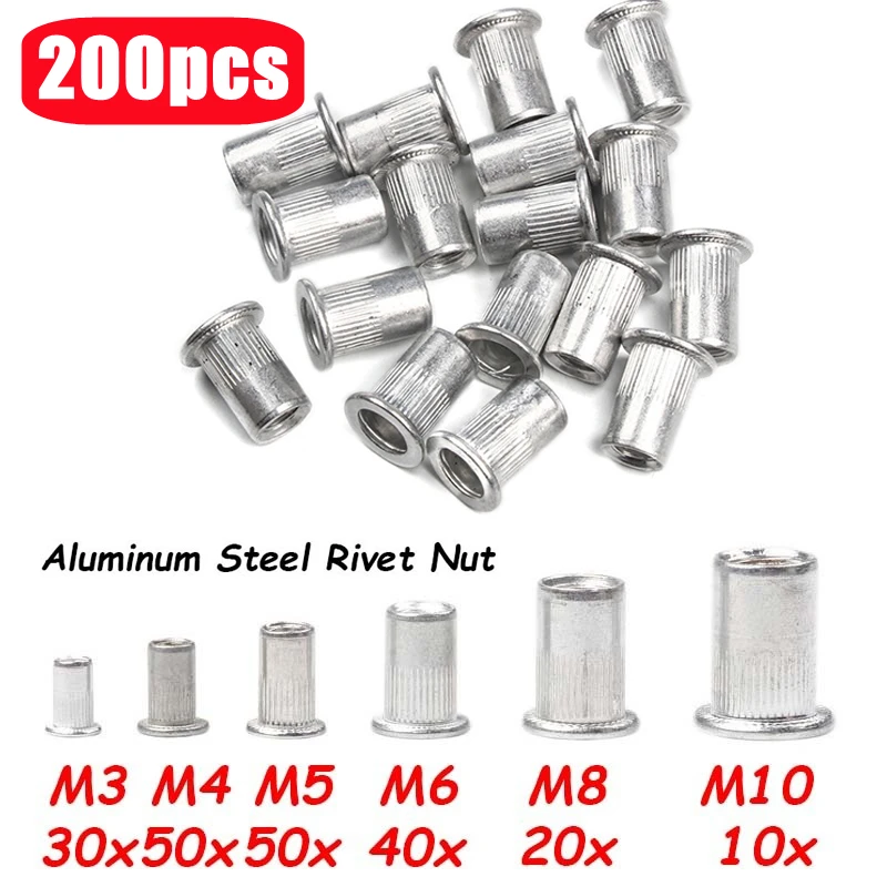 

200pcs M3 M4 M5 M6 M8 M10 Alumimum Rivet Nuts Kit Flat Head Threaded Riveting Nut Insert Nutsert Cap Metal Woodworking