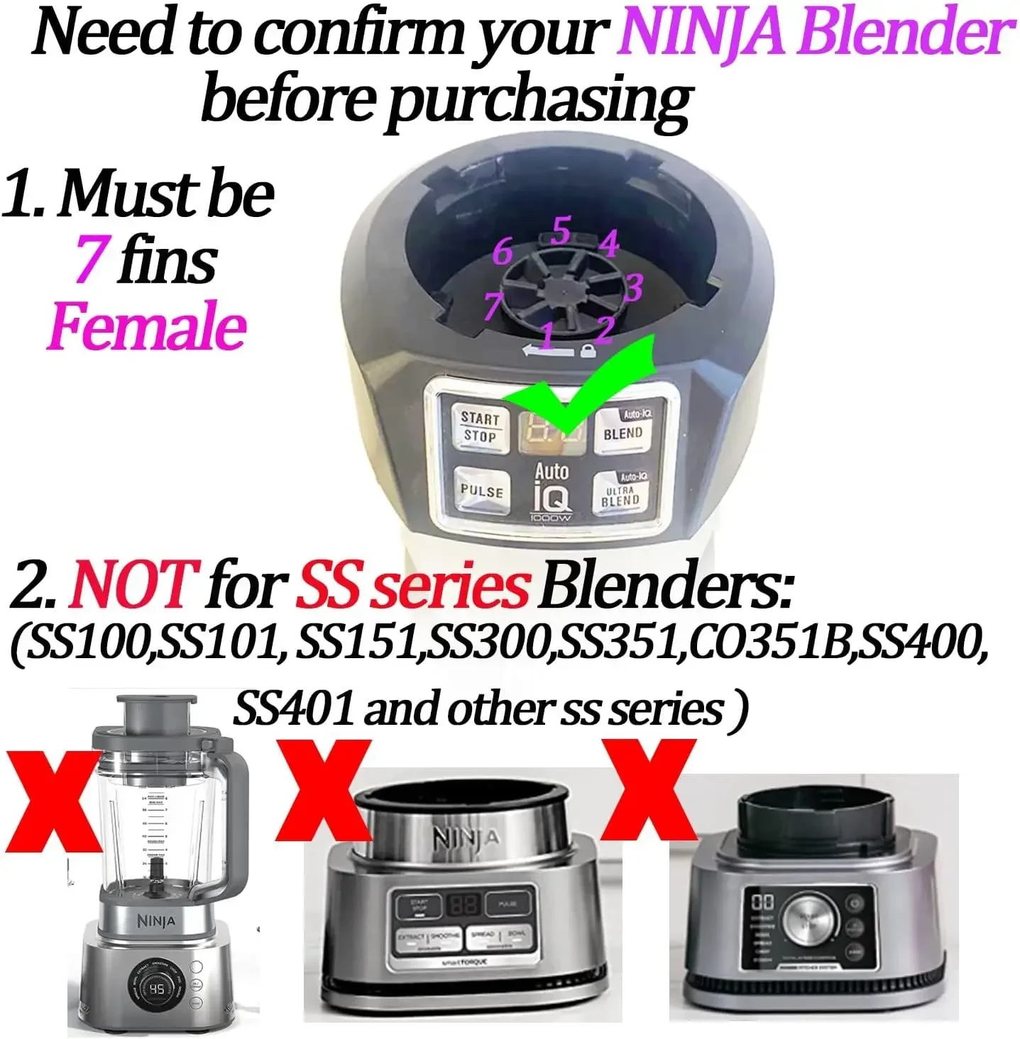 7 Fins Blade for Ninja Blender Auto iQ BL450-30 BL642-30 BL482-30 BL682-30 Bl456 with Silicone Rubber Gaskets Seal Ring Part Blender Blade