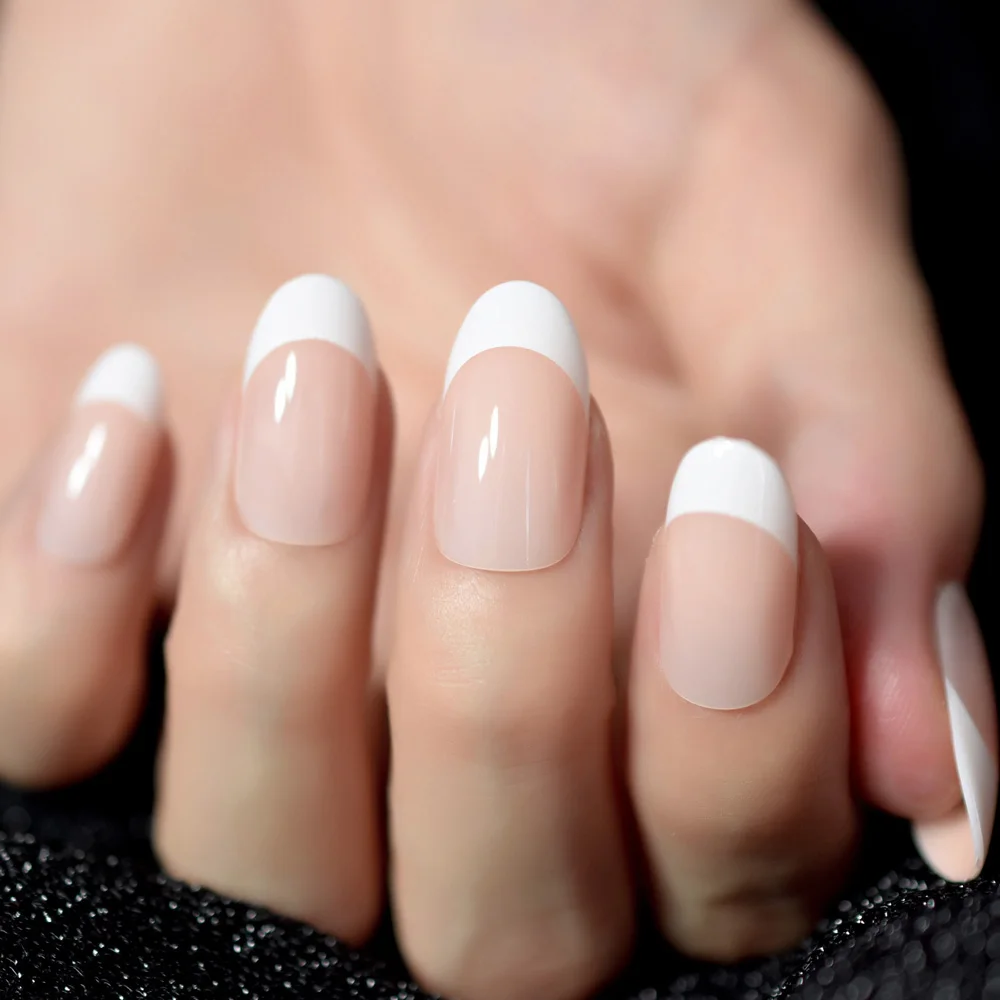 Oval Acrylic French Nail Kit - Medium Length Grace Oval Fake Nails with 24 Tips
