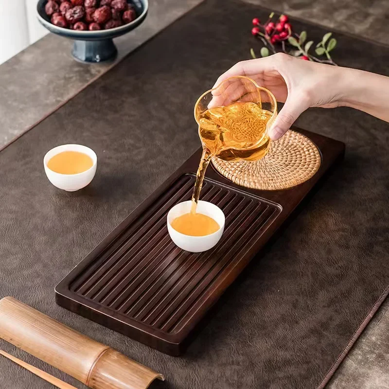 Wooden Serving Tray Tea Tray Solid Bamboo Wood Tea Tray Portable Rattan Mat Rectangle