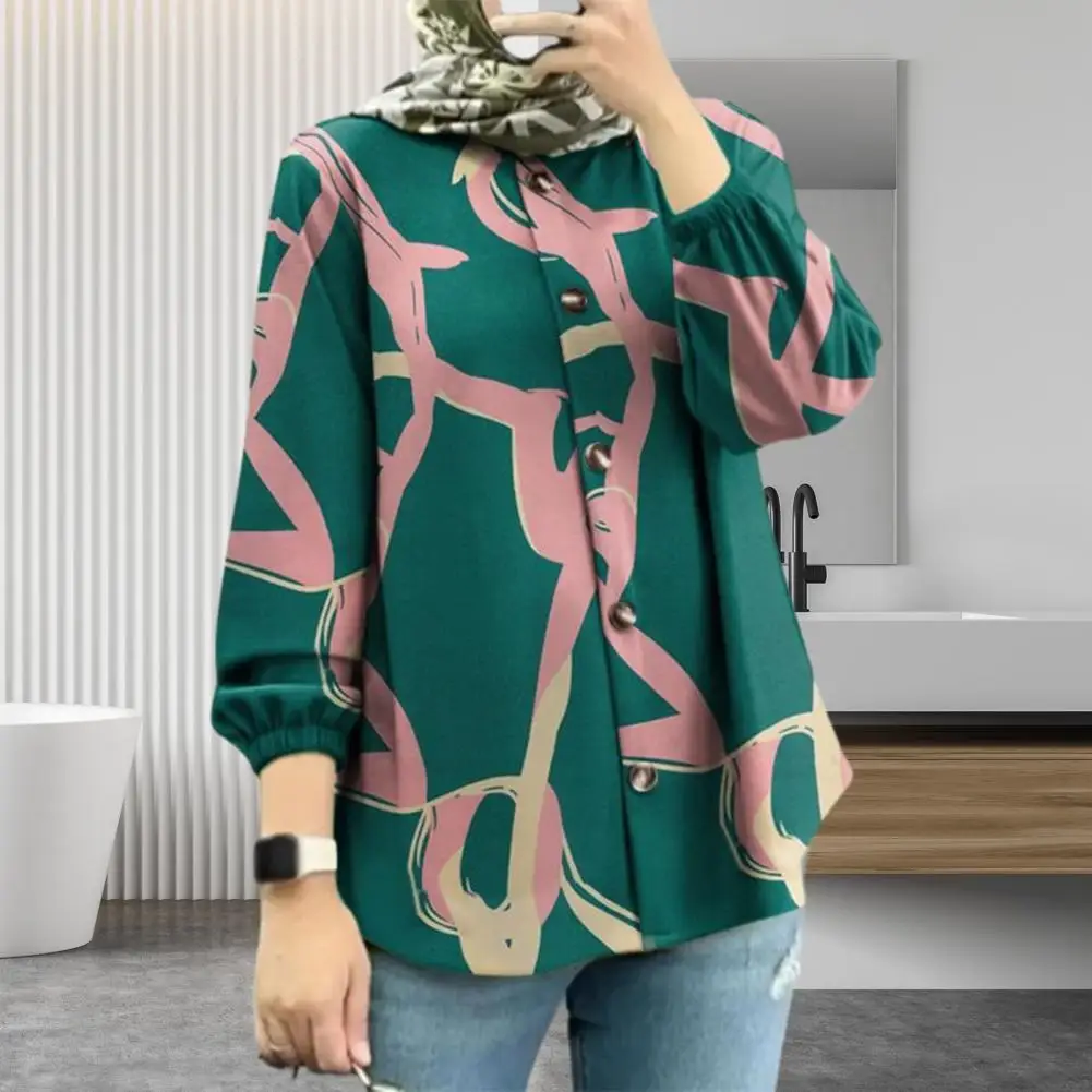 

Lady Loose Blouse Geometric Print Round Neck Cardigan Blouse with Elastic Cuff Buttons Women's Loose Single-breasted Mid Length