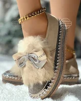 Loafers Women Rhinestone Bowknot Decor Fuzzy Detail Slip-On Loafers Crystal Bow Fur Women Platform Flats Warm Shoes for Trend 1